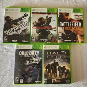 Xbox 360 Video Game Bundle 5 Games Halo Reach COD Ghosts Battlefield Crysis VGC